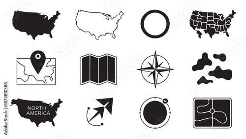 Set of USA map and navigation vector icons featuring silhouettes, state outlines, compasses, and location pins for American geography, travel, and cartography designs.