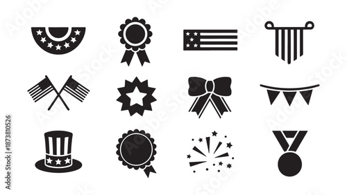 Set of USA patriotic icons featuring American flag silhouettes, buntings, medals, ribbons, and fireworks for Independence Day, Fourth of July, and election events.