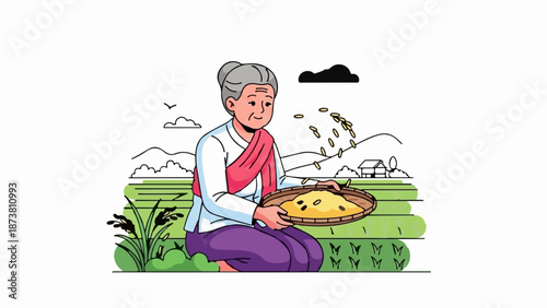 Elderly woman harvests grain in a rural landscape with a farmhouse