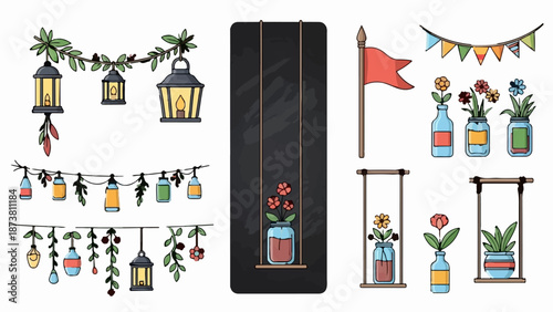 Decorative garlands with lanterns, jars of flowers, and a flag