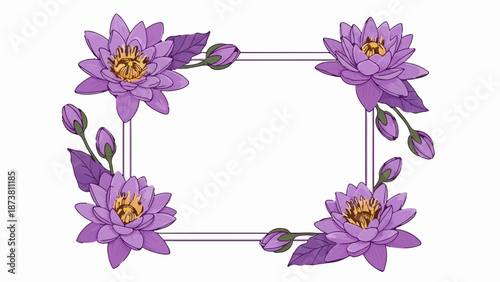 Decorative frame of purple water lilies and buds on a white background