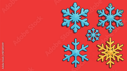 Decorative snowflakes of various sizes in blue and yellow adorn a vibrant red background, hinting at winter