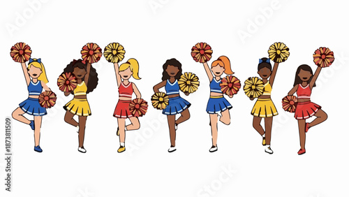 Diverse group of cartoon cheerleaders in colorful outfits, holding pom-poms, and in dynamic poses