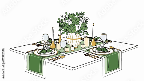 Elegant table setting with floral centerpiece, candles, and place settings for a festive meal