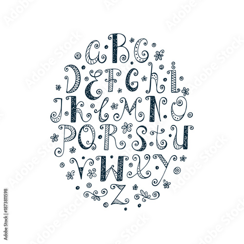 Vector ABC. Hand drawn cartoon doodle ornamental Alphabet.