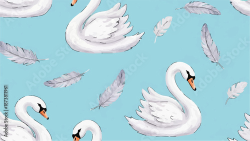 Elegant white swans and delicate feathers float serenely against a soft blue background