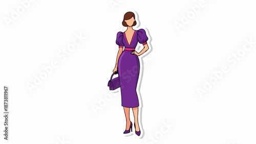 Elegant woman in a purple dress with puffed sleeves and a matching handbag