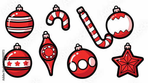 Collection of festive red and white holiday ornaments and candy canes on white