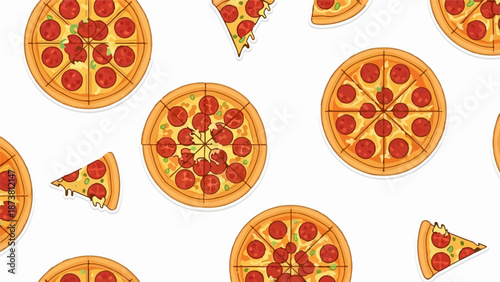 Delicious pepperoni pizza slices and whole pizzas scattered on a white background