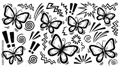 A black and white illustration of butterflies and comic book style exclamation marks