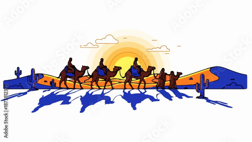 Desert caravan journeys across dunes under a bright, setting sun