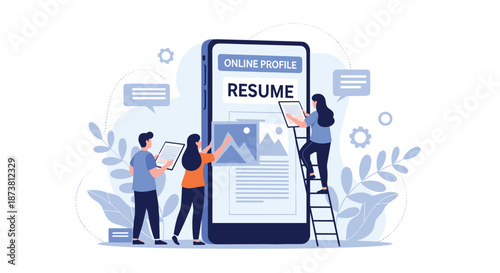 Business concept of people creating an online profile and digital resume on a giant smartphone for job searching and career development.