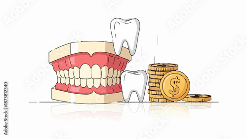 Dental prosthetics and stacked coins symbolizing cost of oral care