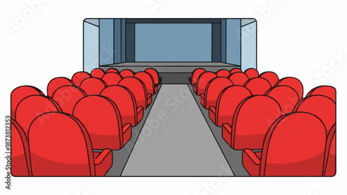 Empty rows of red seats face a blank screen in a stylized theater