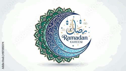 Celebrating Ramadan with intricate crescent moon and lantern designs in a vibrant cultural illustration