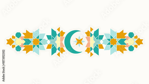 An intricate graphic illustration of a crescent moon surrounded by floral patterns and stars in shades of teal and orange