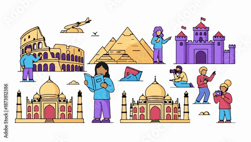 Collection of iconic landmarks with people interacting, depicting travel and exploration