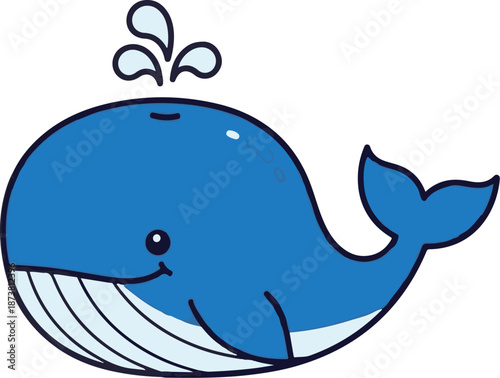 Cheerful blue whale spouting water, with light blue underbelly and fins