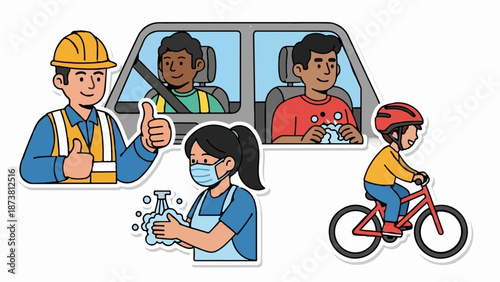 Diverse individuals practicing safety and health measures like hand washing, wearing masks, and cycling