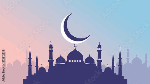 Silhouette of a mosque with crescent moon above during twilight