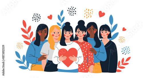 A diverse group of women of different ethnicities standing together in unity and friendship, promoting sisterhood, feminism, and female empowerment.