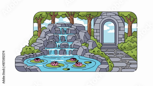 Enchanting garden scene with cascading waterfall, serene pond, and stone archway