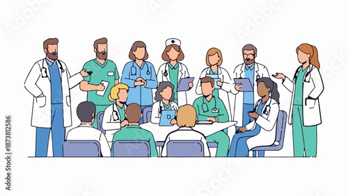 Diverse medical team meeting doctors, nurses in scrubs/lab coats, discussing at a table. Healthcare professionals