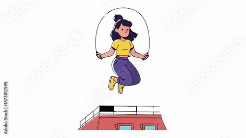 Energetic young woman in yellow shirt and purple pants skips rope on a red rooftop