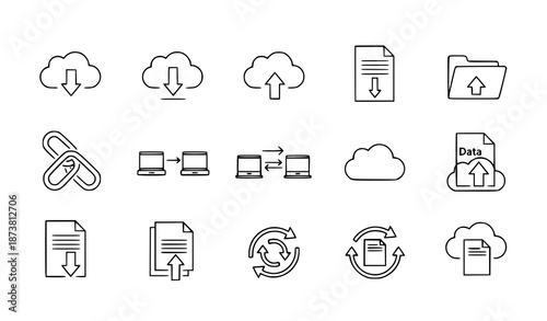 Download and upload line icons vector set for cloud storage, file transfer, and web applications