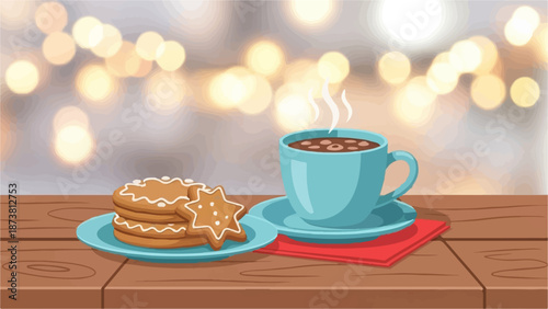 Cozy scene with hot chocolate and decorated cookies on a wooden table