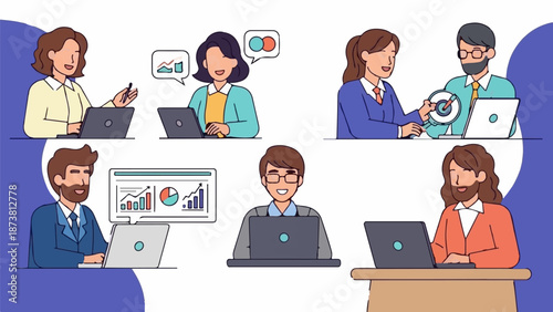 Diverse professionals collaborate using laptops and data visualizations