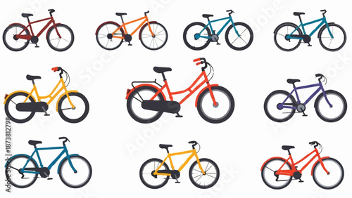 Collection of nine colorful bicycles