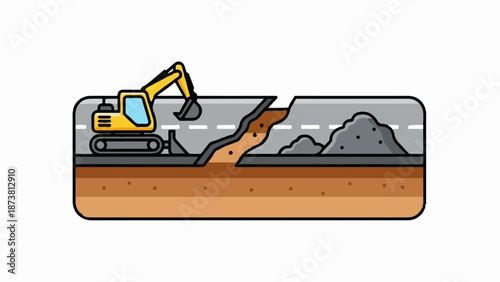 Excavator digging up broken road surface, earth layers below