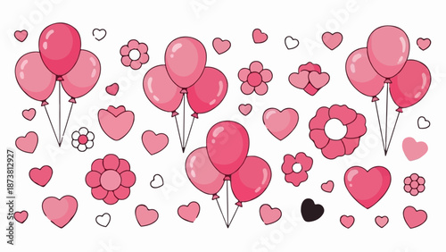 Collection of pink balloons, hearts, and flowers