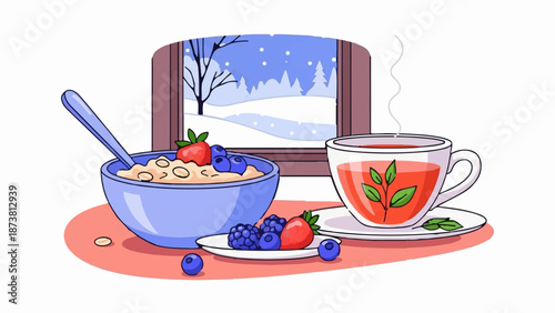 Cozy winter breakfast with steaming tea and berry oatmeal by the snowy window