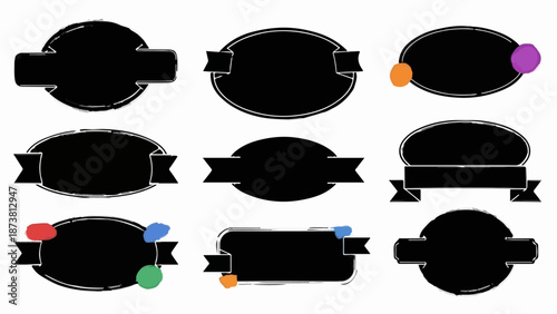 Collection of nine diverse black graphic shapes with textured edges and colorful accents