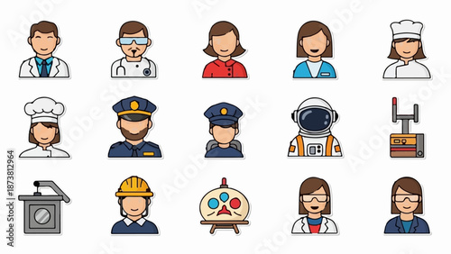 Diverse professions depicted as colorful, minimalist avatars doctor, scientist, chef, officer, astronaut, artist, engineer, and builder