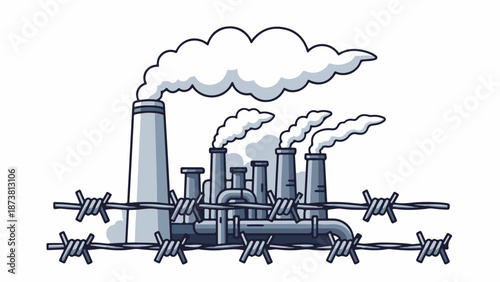 Factory with smoking chimneys and barbed wire in front