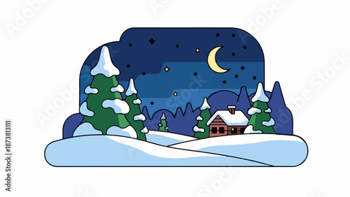 Cozy winter cabin scene with snow-covered trees under a starry night sky and crescent moon
