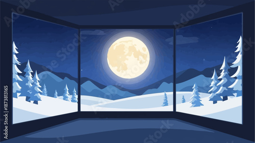 Cozy winter night view through a large window, with a full moon and snow-covered landscape