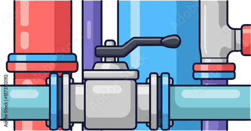 Close up of industrial plumbing with a valve and pipes in red, blue, and gray