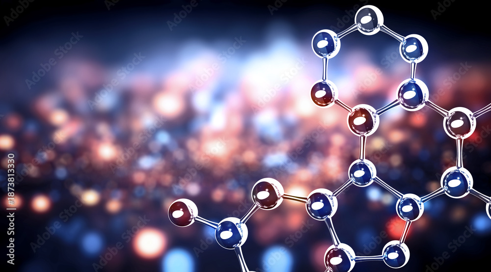 Fototapeta premium Vertical or horizontal banner with model of abstract molecular structure. Background of blue color with glass atom model. Copy space for your text. 3d render