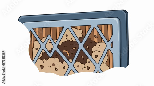 Close up view of a dirty, clogged air filter with debris caught in its mesh