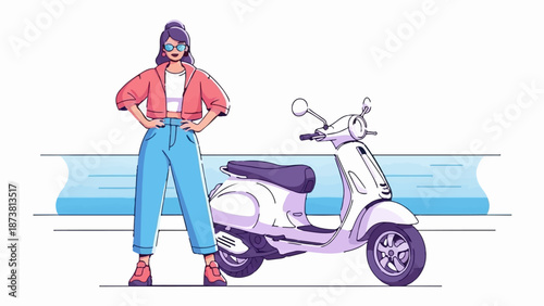 Fashionable young woman poses confidently with a classic white scooter against a stylized blue backdrop