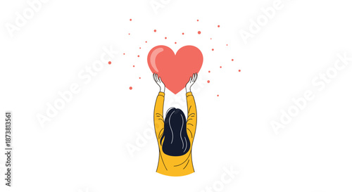 Illustration of a woman seen from behind, holding a large red heart above her head, symbolizing love, charity, and giving on a white background.