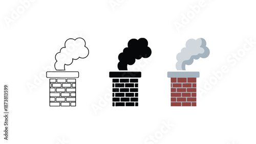 Four chimneys emitting different colored smoke against a white background