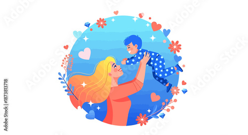 Woman happily lifting man in joyful celebration surrounded by hearts and flowers