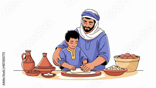 Father and son prepare dough together in a cozy kitchen setting with traditional pottery