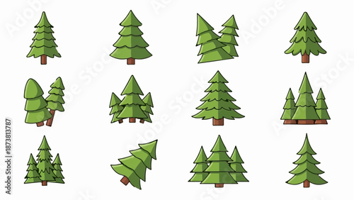 Collection of twelve stylized evergreen trees, various sizes and arrangements