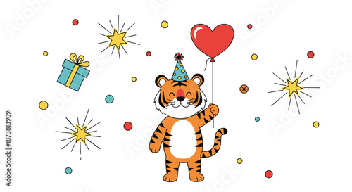 A cute cartoon tiger wearing a party hat and holding a red heart-shaped balloon, celebrating a birthday with confetti, gifts, and sparklers.